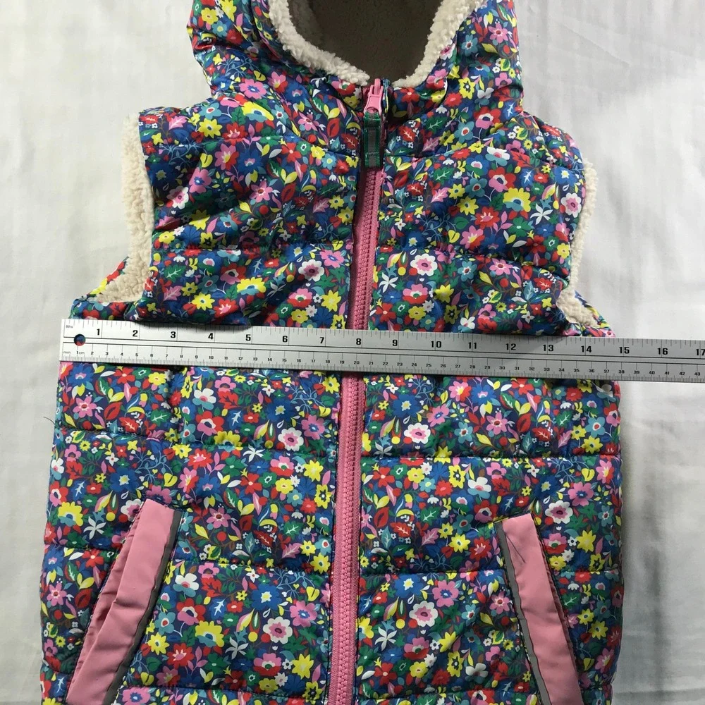 Boden Girls Floral Puffer Vest Sherpa Lined Hooded Navy Pink Multi Size 7-8Y
